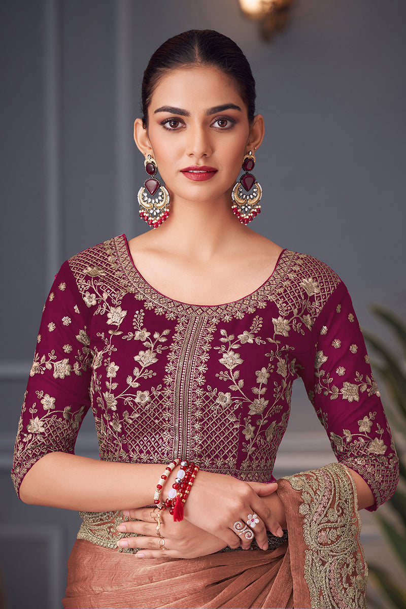 Monjolika Fashion Dark Peach Embroidered Double Tone Silk Blend Designer Saree - Distacart