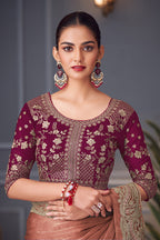 Monjolika Fashion Dark Peach Embroidered Double Tone Silk Blend Designer Saree - Distacart