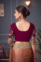Monjolika Fashion Dark Peach Embroidered Double Tone Silk Blend Designer Saree - Distacart
