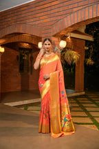 Jyoti Fashion Women's Orange Paithani Silk Zari Woven Saree with Blouse