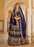 Monjolika Fashion Navy Blue Velvet Embroidered Wedding Designer Lehenga Choli