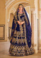 Monjolika Fashion Navy Blue Velvet Embroidered Wedding Designer Lehenga Choli