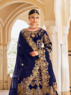 Monjolika Fashion Navy Blue Velvet Embroidered Wedding Designer Lehenga Choli