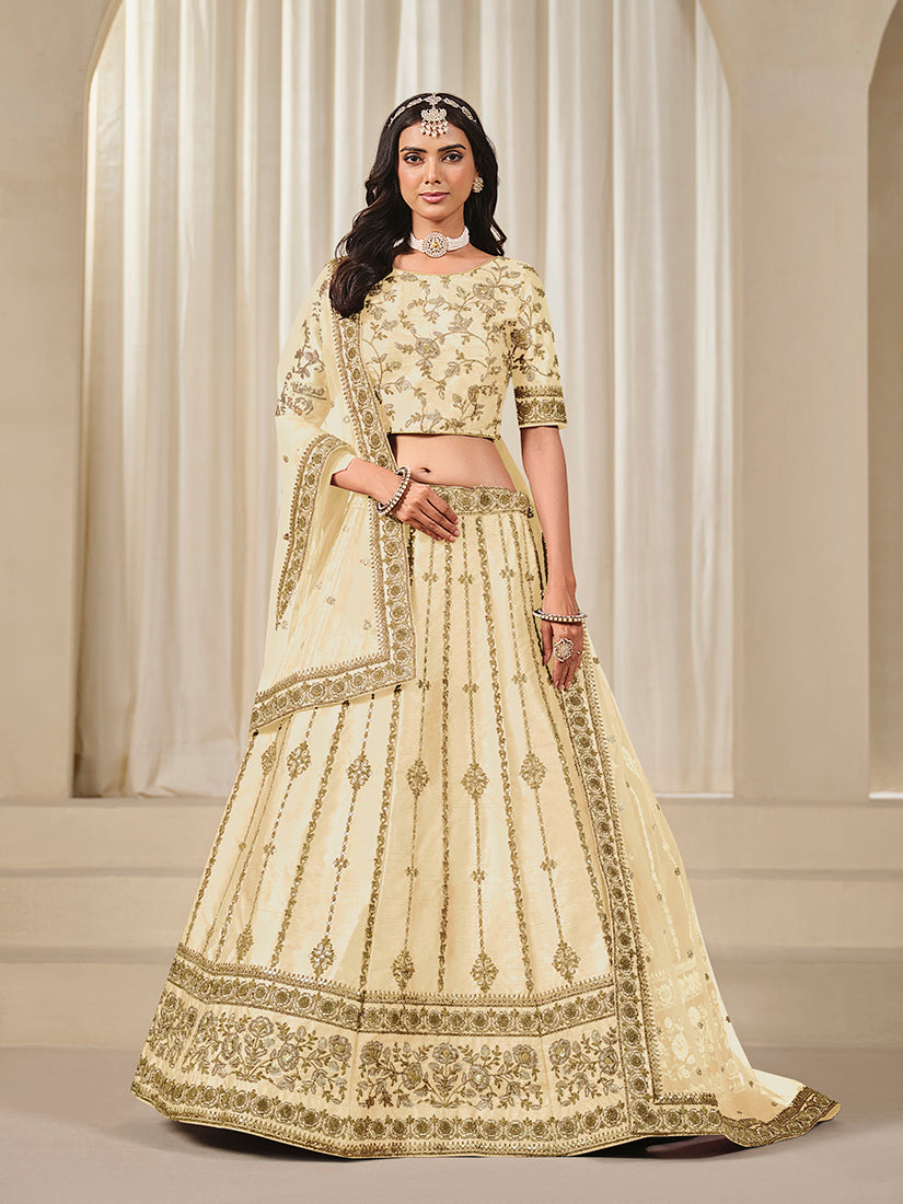 Monjolika Fashion Embroidered Cream Reception Art Silk A Line Lehenga Choli - Distacart