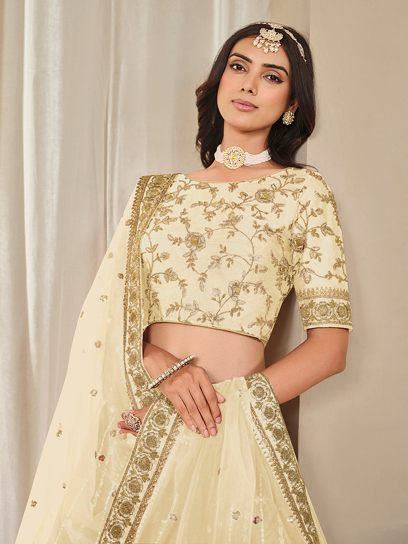 Monjolika Fashion Embroidered Cream Reception Art Silk A Line Lehenga Choli - Distacart