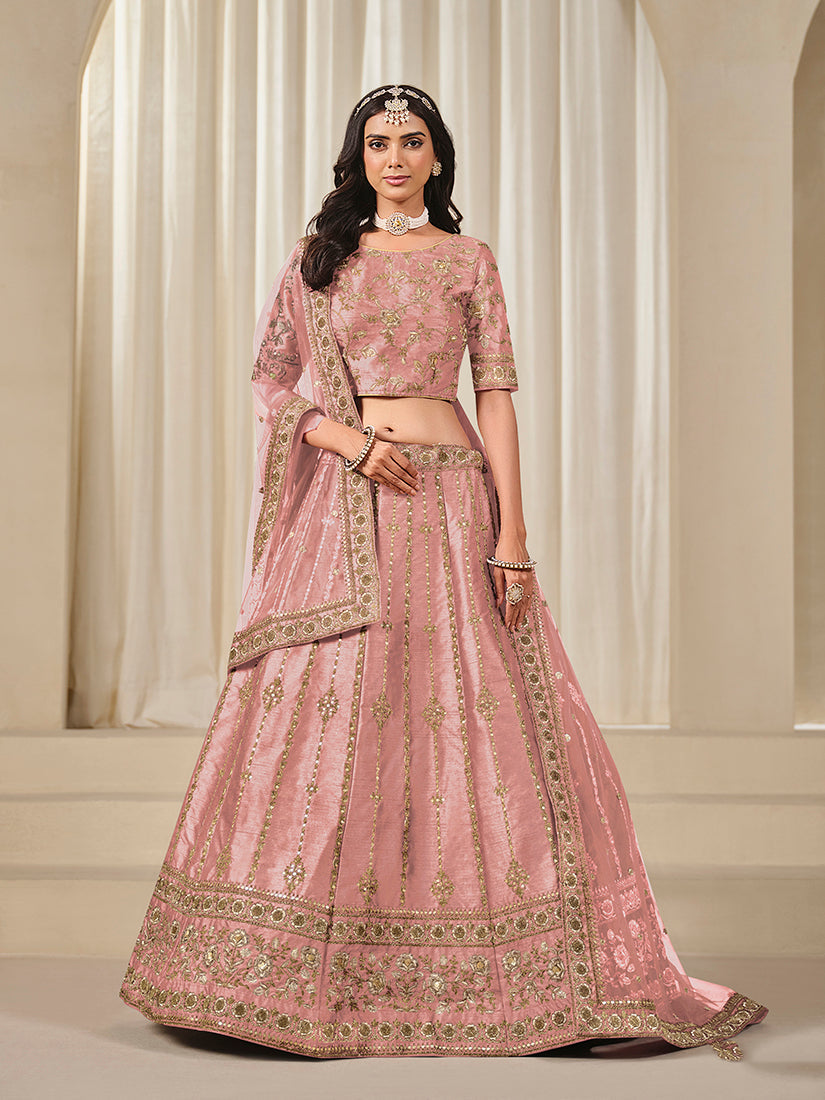 Monjolika Fashion Embroidered Pink Reception Art Silk A Line Lehenga Choli - Distacart