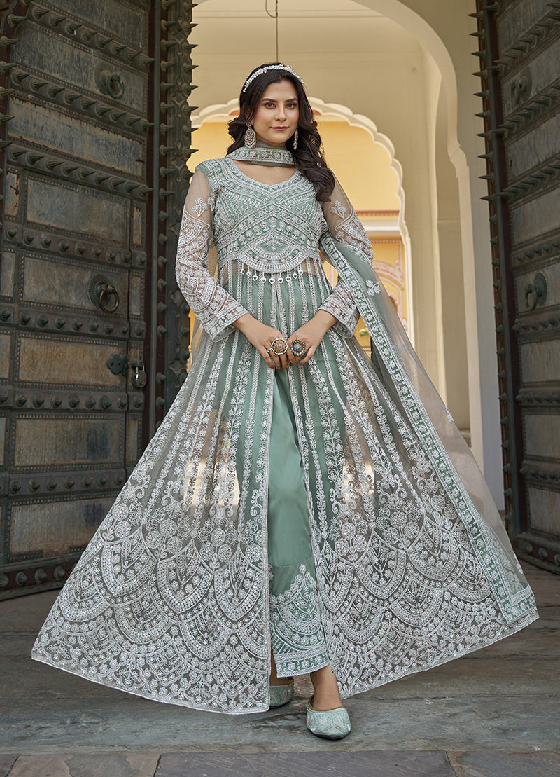Monjolika Fashion Embroidered Sea Green Net Reception Designer Salwar Suit - Distacart