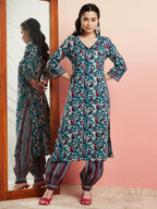 Aks Floral Printed V-Neck Pure Cotton Kurta with Salwar