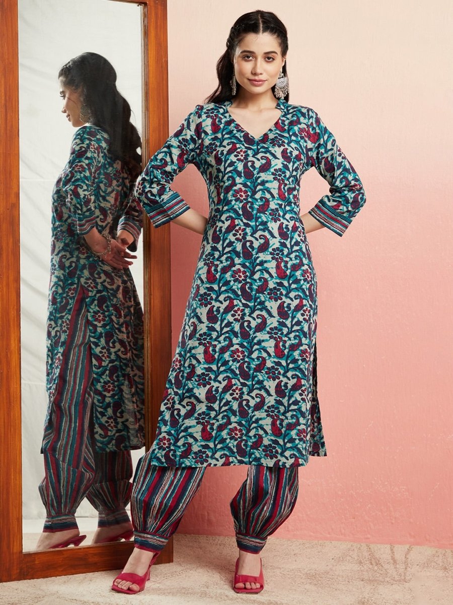 Aks Floral Printed V-Neck Pure Cotton Kurta with Salwar
