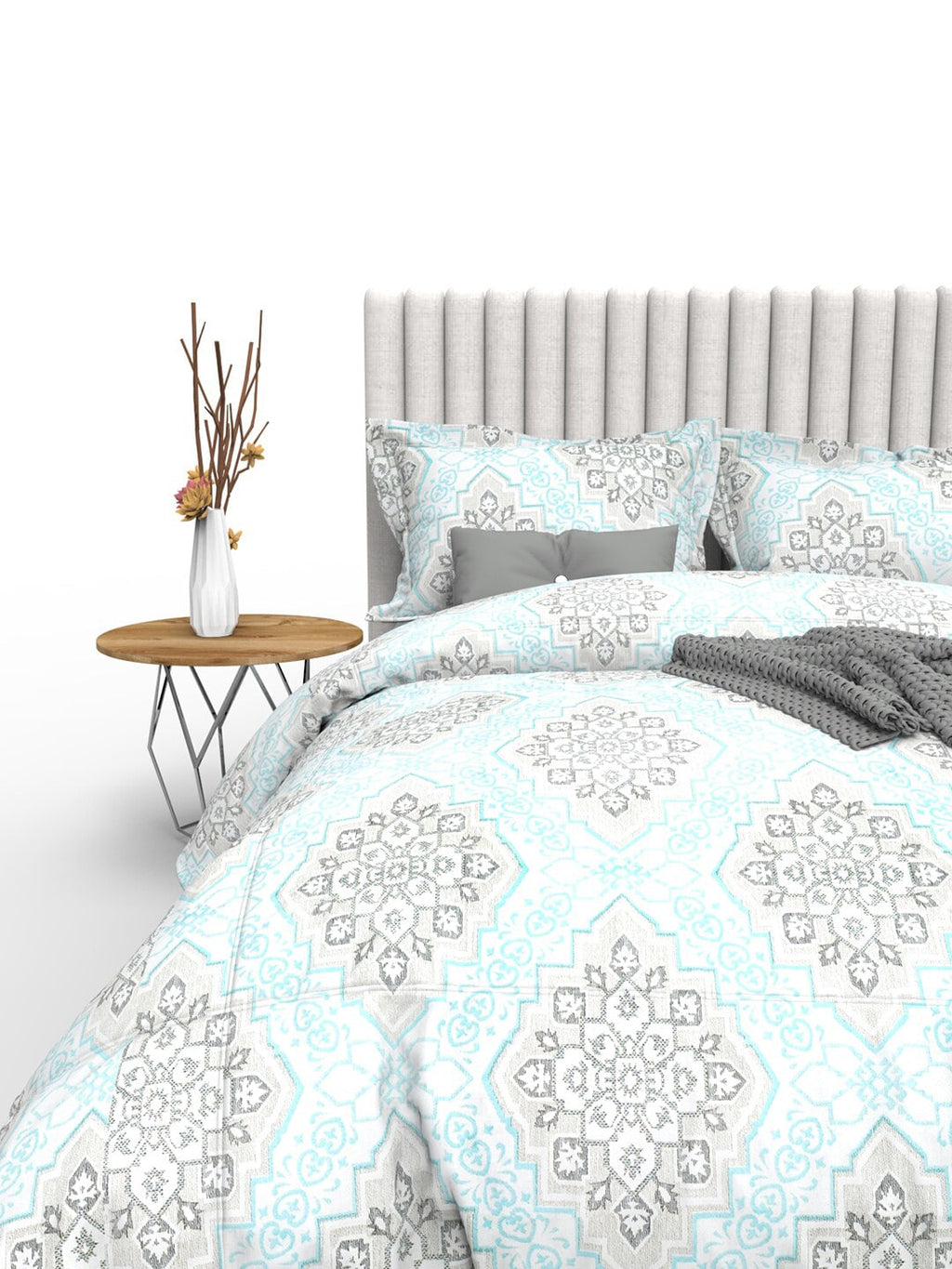 THE WHITE MOSS Blue & Grey Ethnic Motifs 350 TC Cotton King Bedsheet with 2 Pillow Covers