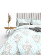 THE WHITE MOSS Blue & Grey Ethnic Motifs 350 TC Cotton King Bedsheet with 2 Pillow Covers