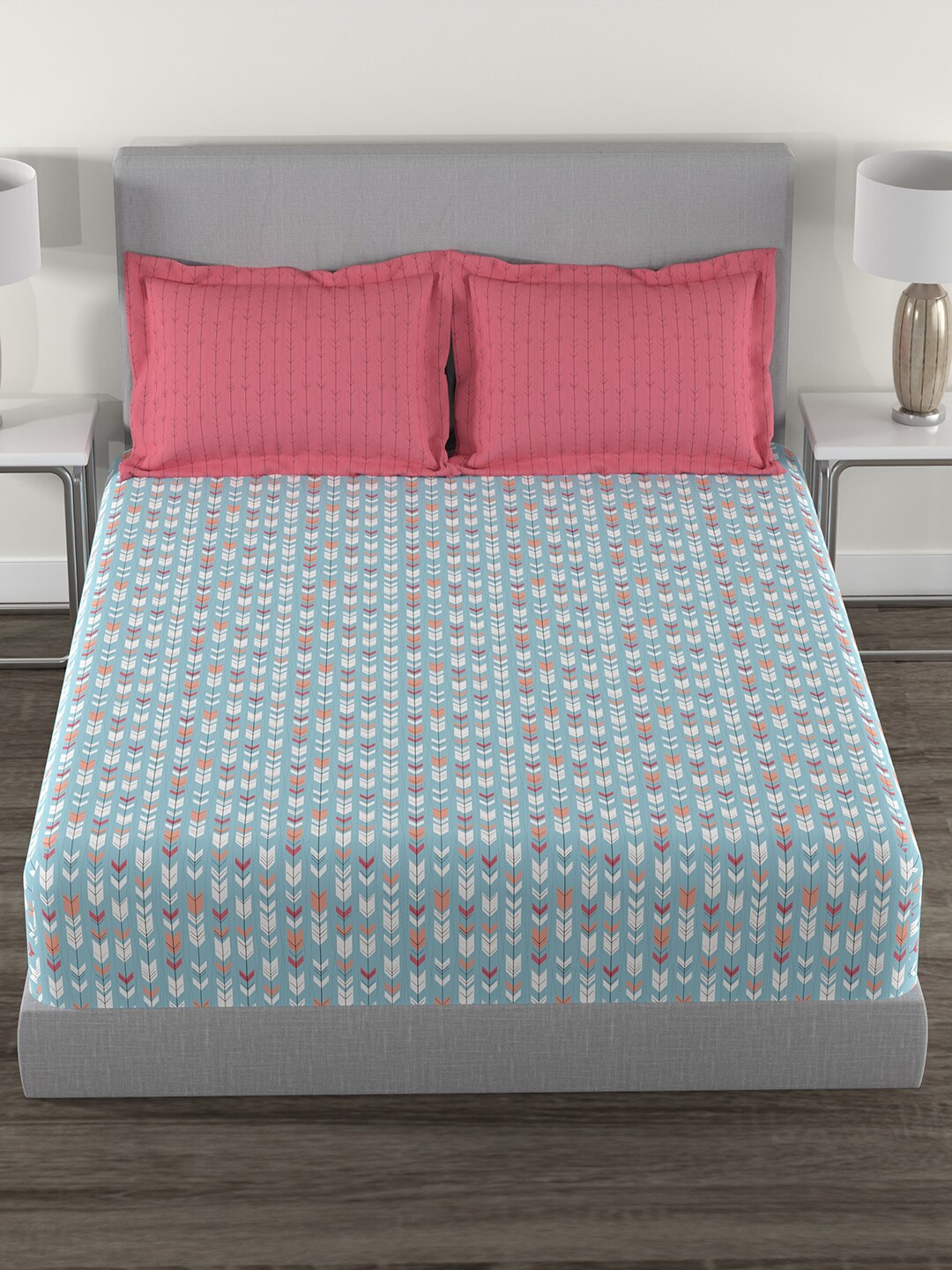 MYTRIDENT Blue White Geometric Cotton 144 TC Queen Bedsheet With 2 Pillow Covers