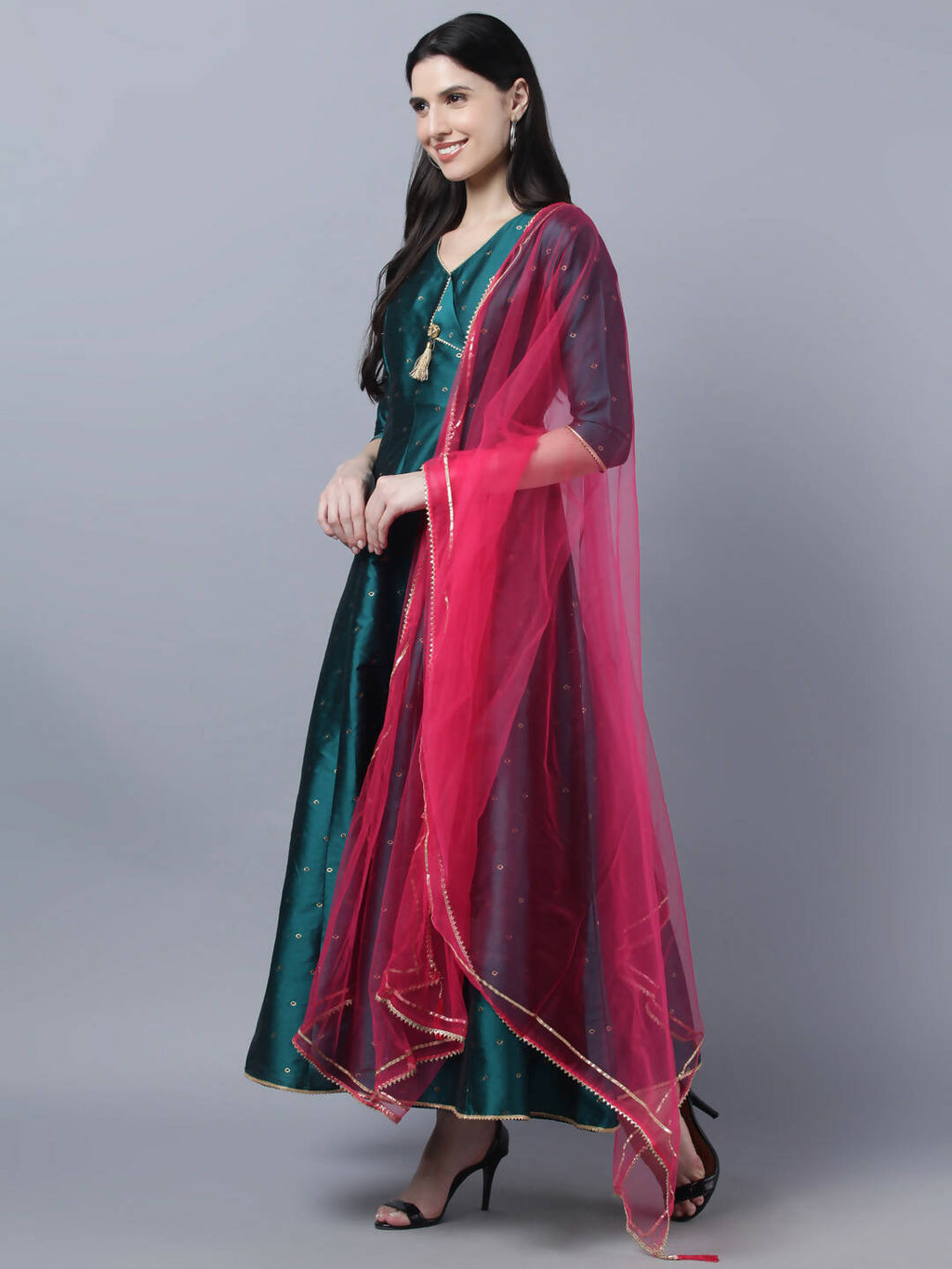 Myshka Green Red Ethnic Motifs Ethnic Anarkali Dress With Dupatta - Distacart