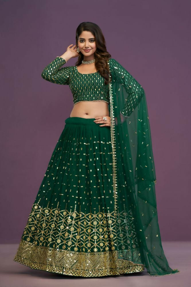 Green Georgette Embroidery Sequence Work Lehenga Choli Set - Jihu Culture