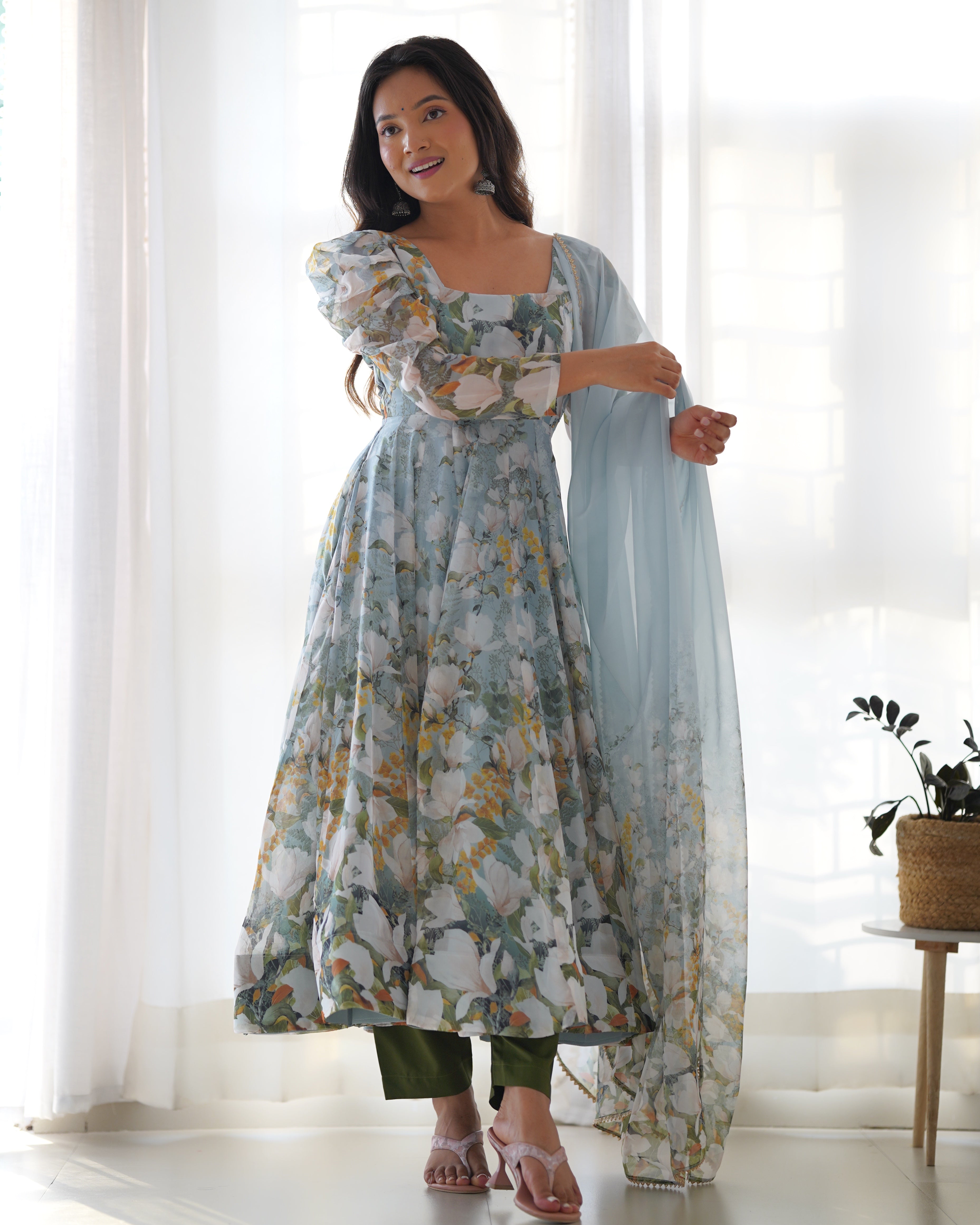 Lorenvalley Grey Soft Organza Silk With Floral Print Fully Flared Anarkali Pant With Dupatta Set