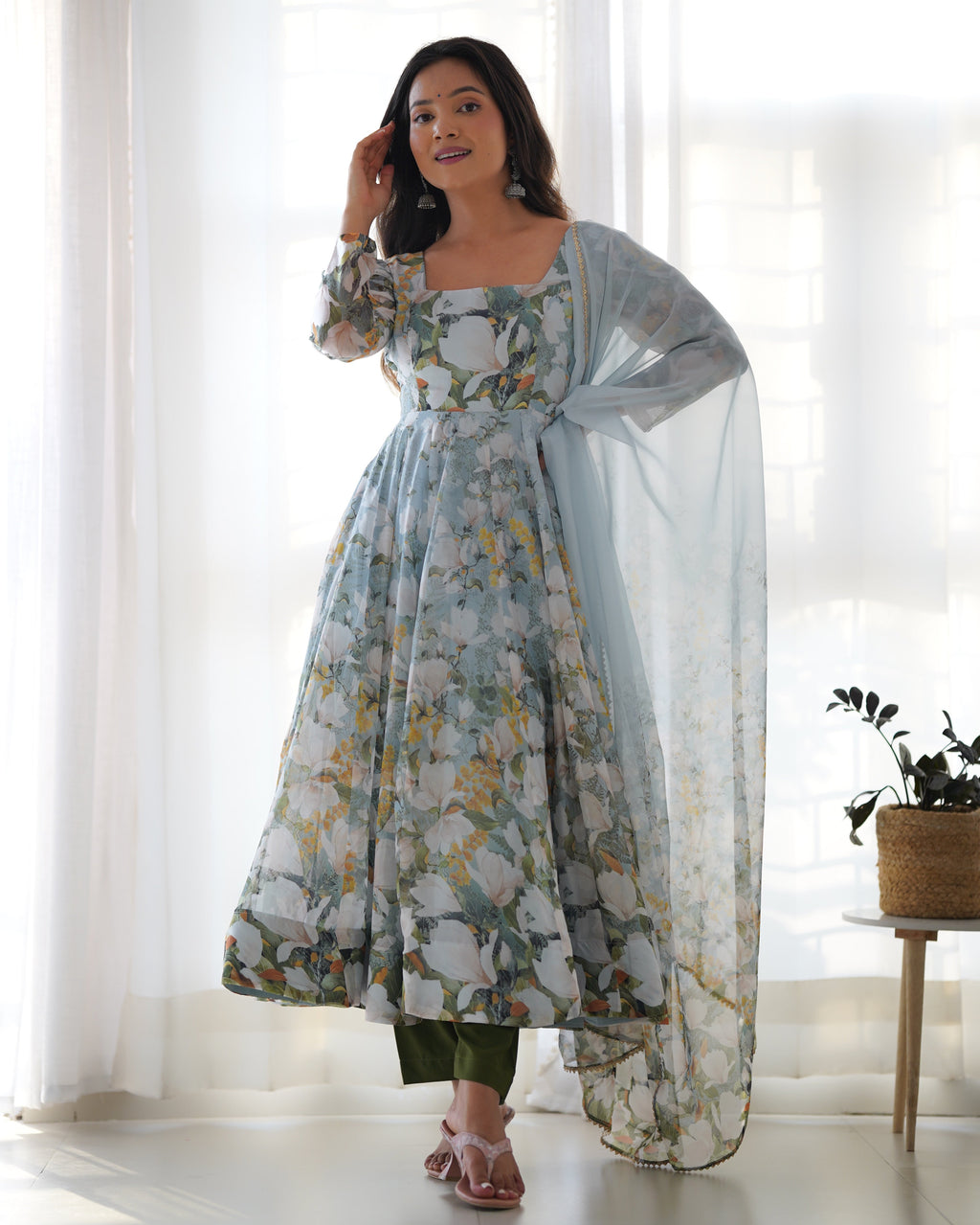 Lorenvalley Grey Soft Organza Silk With Floral Print Fully Flared Anarkali Pant With Dupatta Set