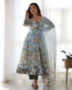 Lorenvalley Grey Soft Organza Silk With Floral Print Fully Flared Anarkali Pant With Dupatta Set