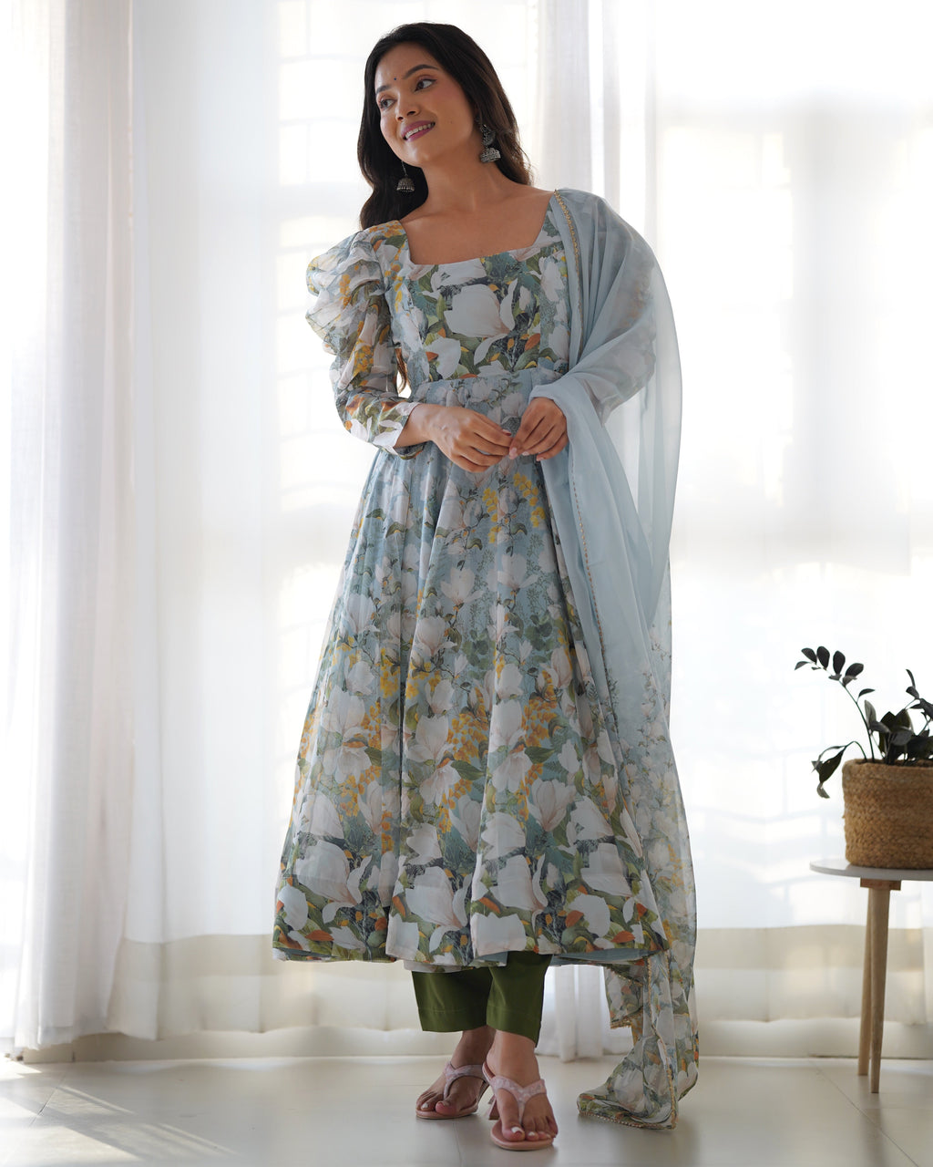 Lorenvalley Grey Soft Organza Silk With Floral Print Fully Flared Anarkali Pant With Dupatta Set