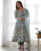 Lorenvalley Grey Soft Organza Silk With Floral Print Fully Flared Anarkali Pant With Dupatta Set