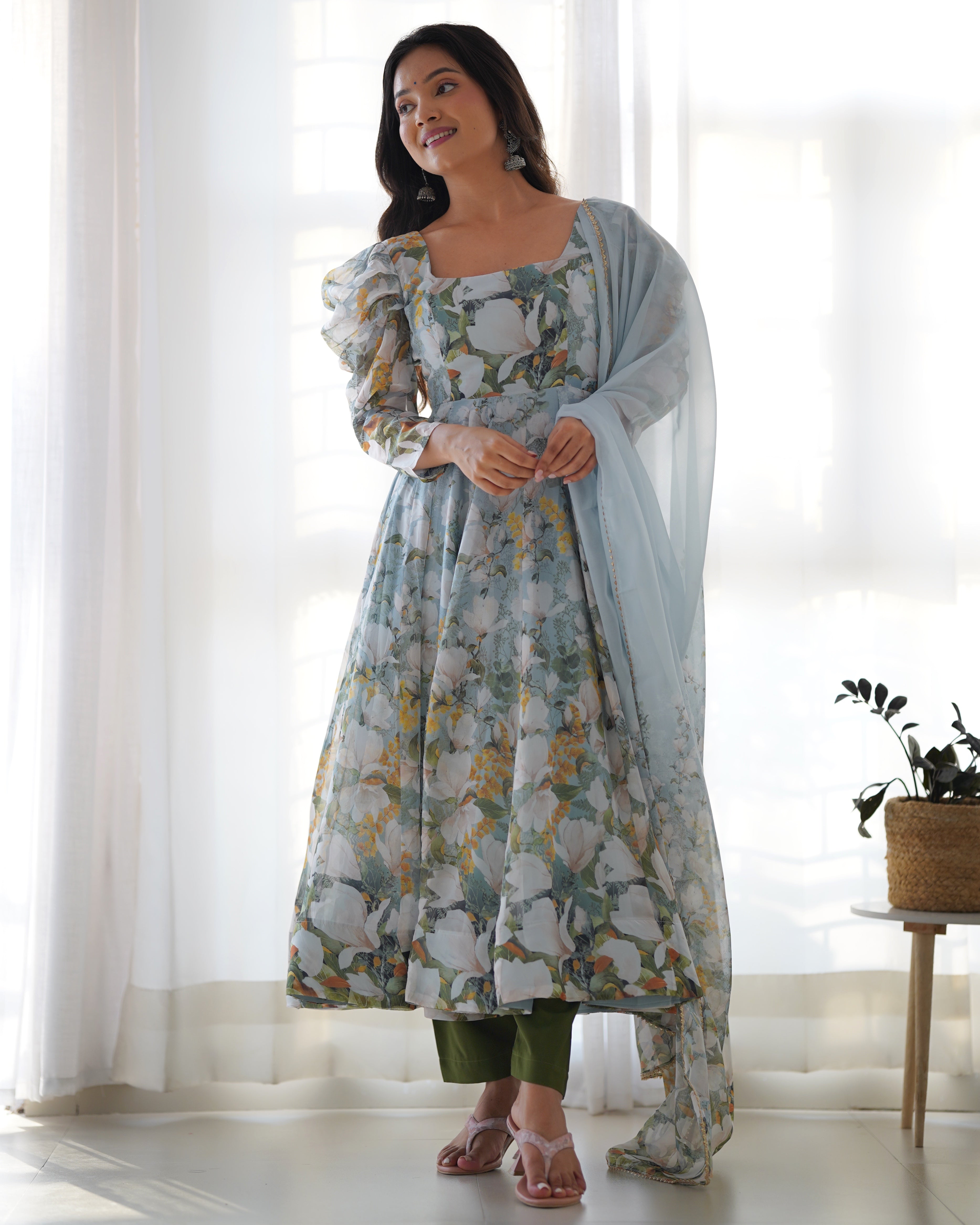 Lorenvalley Grey Soft Organza Silk With Floral Print Fully Flared Anarkali Pant With Dupatta Set
