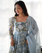 Lorenvalley Grey Soft Organza Silk With Floral Print Fully Flared Anarkali Pant With Dupatta Set