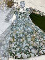 Lorenvalley Grey Soft Organza Silk With Floral Print Fully Flared Anarkali Pant With Dupatta Set