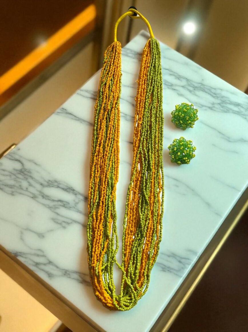 Inhanns Rangsaaz 20-Layer Luxe Long Beaded Necklace (With Optional Statement Earrings) - Dual Tone With Earring