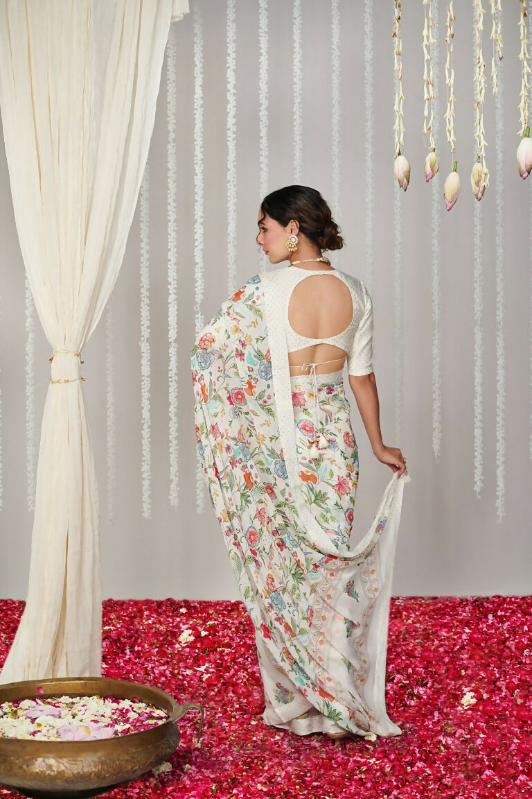 Partywear Designer White Bright Moss Fancy Saree - Durga