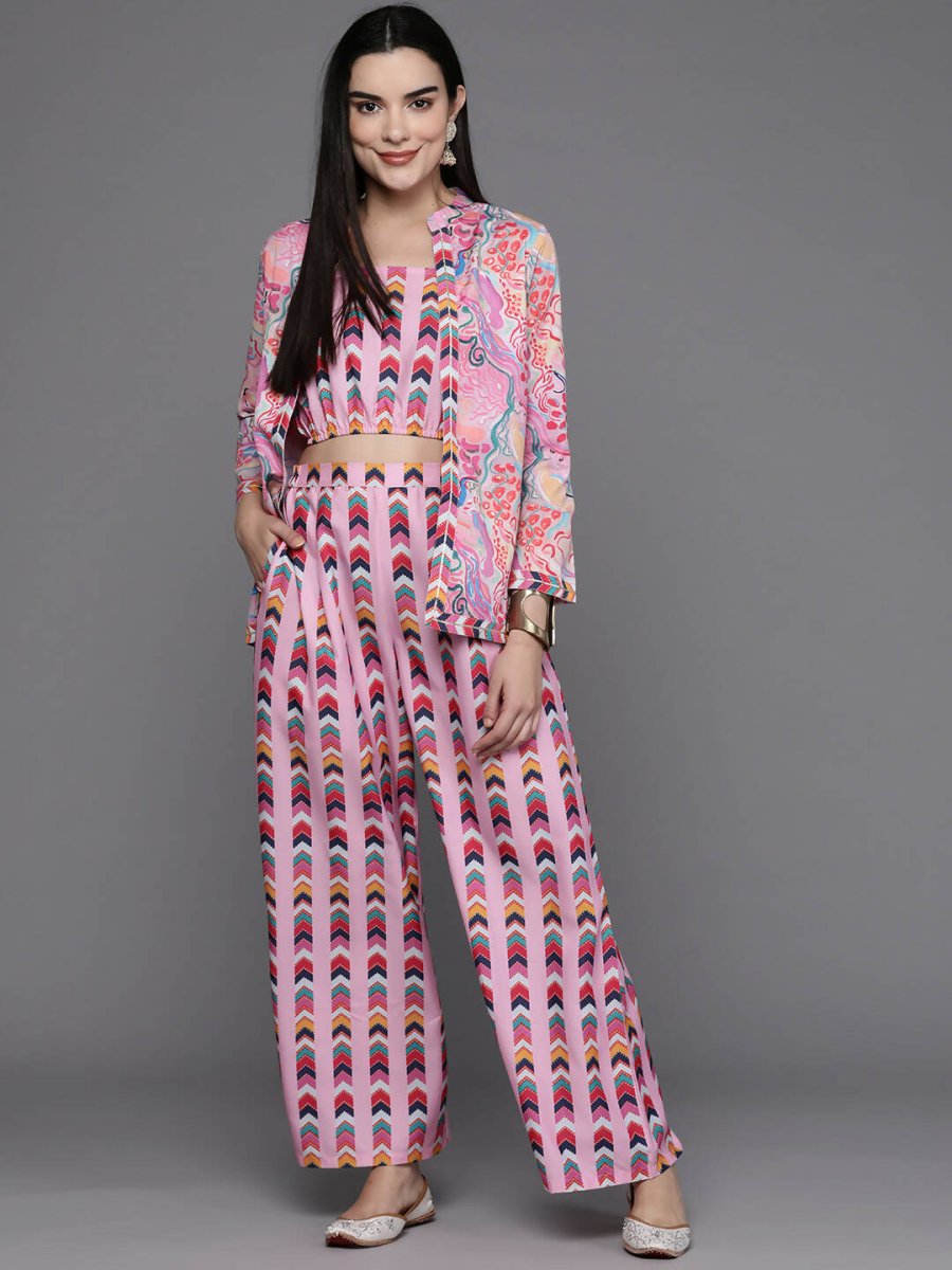 Ahalyaa Women Printed Crop Top with Palazzos & Jacket - Multi Color