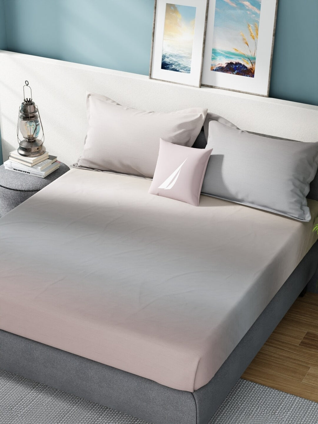 Nautica Grey & Pink 160 TC King Bedsheet With 2 Pillow Covers