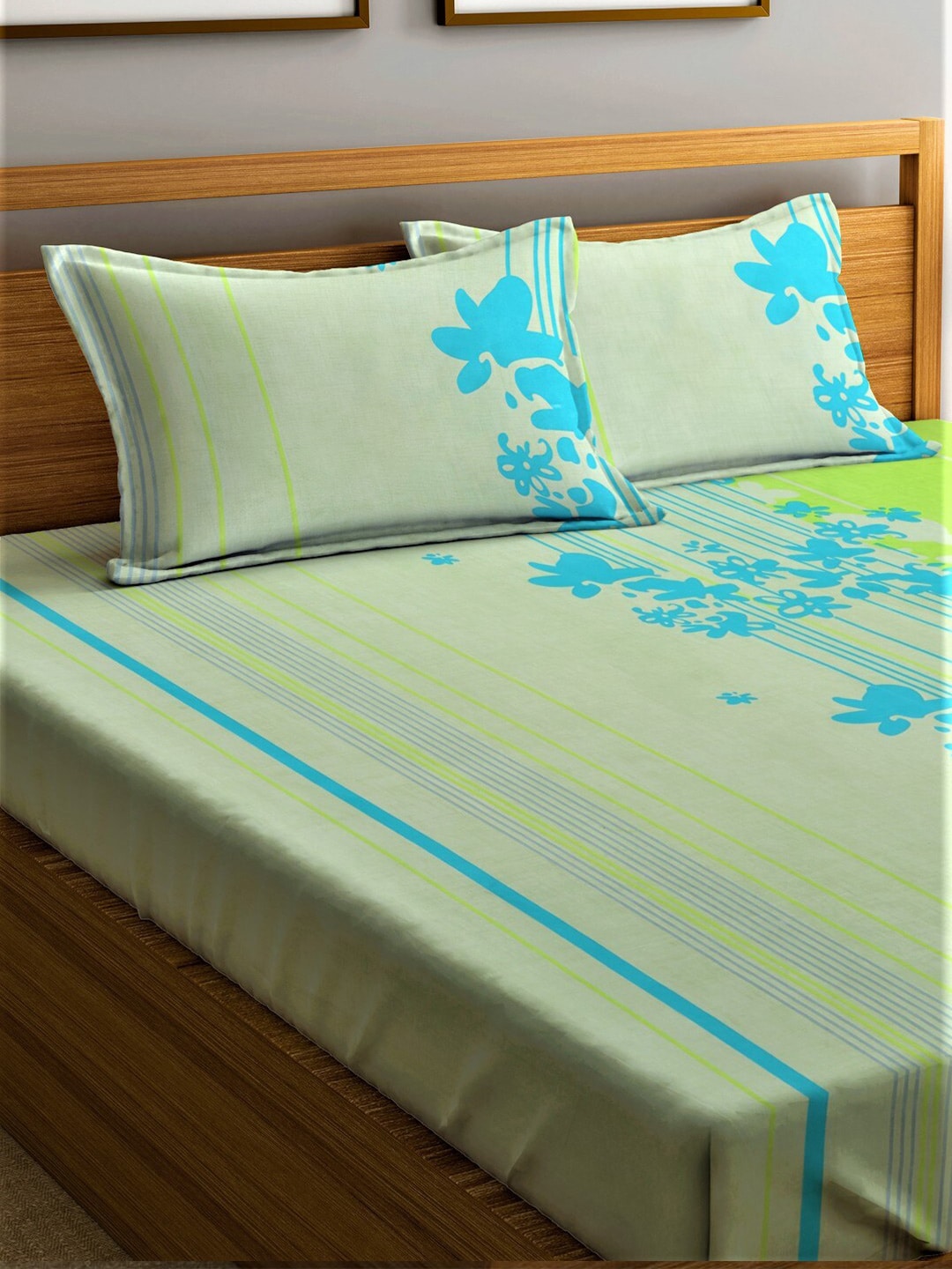 Home Sizzler Green & Blue Floral 210 TC Queen Bedsheet with 2 Pillow Covers
