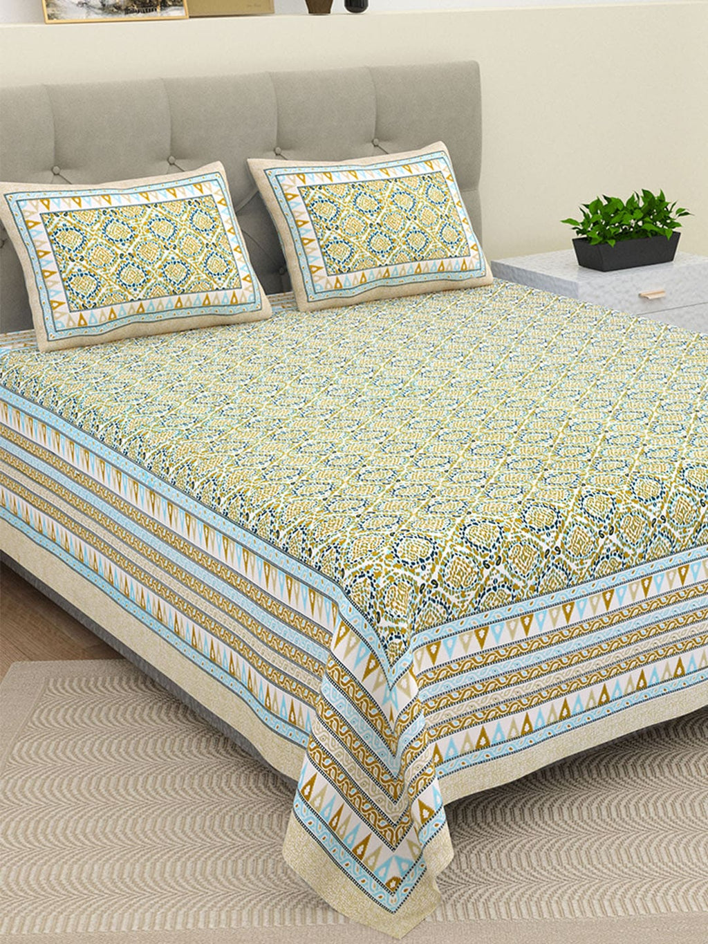 BELLA CASA Green & Blue Ethnic Motifs Cotton 180 TC King Bedsheet With 2 Pillow Covers