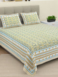 BELLA CASA Green & Blue Ethnic Motifs Cotton 180 TC King Bedsheet With 2 Pillow Covers