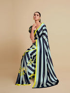 Sangria Navy Blue & Green Striped Satin Saree - Distacart