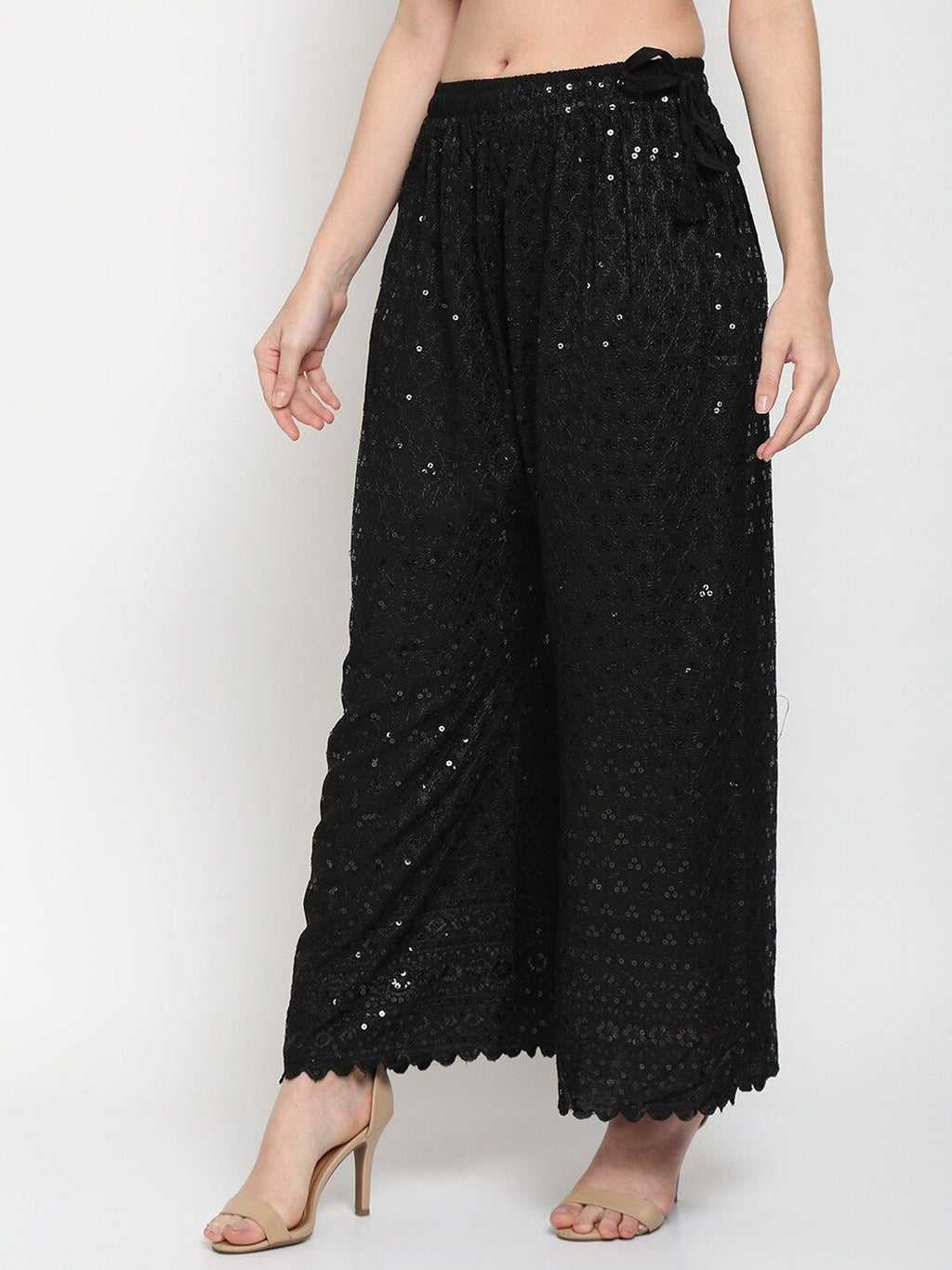 TAG 7 Women Black Ethnic Motifs Embroidered Sequin Flared Ethnic Palazzos