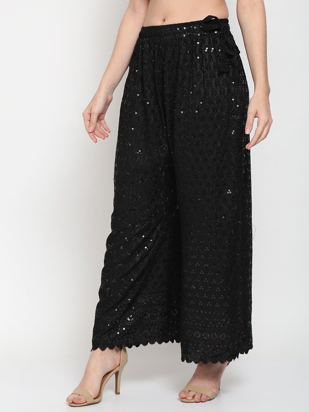TAG 7 Women Black Ethnic Motifs Embroidered Sequin Flared Ethnic Palazzos