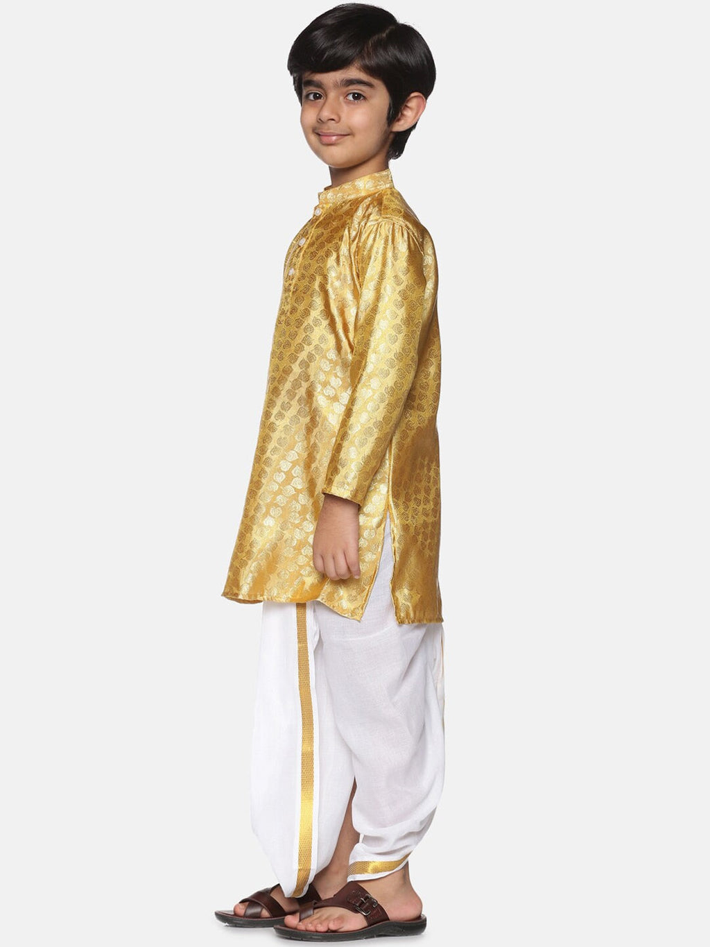Sethukrishna Boys Gold-Toned Pleated Kurta with Dhoti Pants