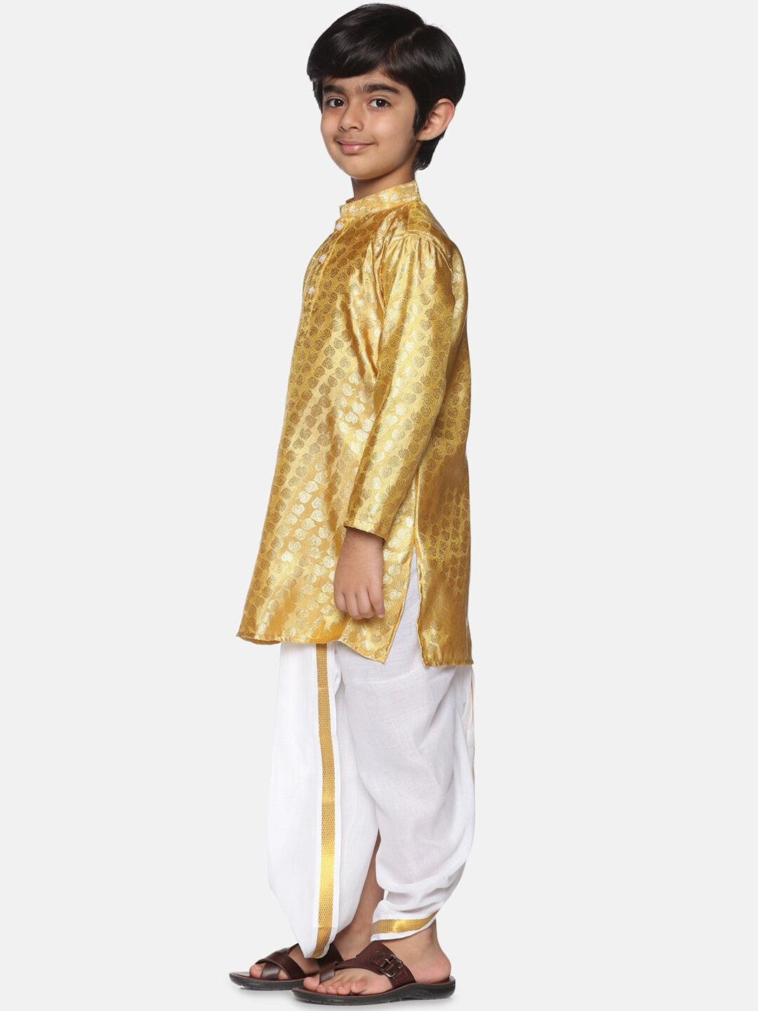 Sethukrishna Boys Gold-Toned Pleated Kurta with Dhoti Pants