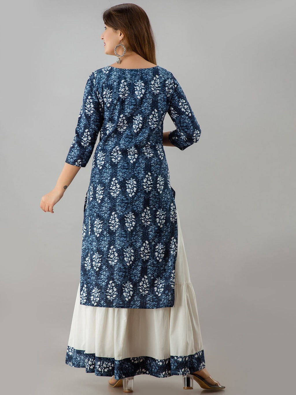 HERE&NOW Blue & White Boat Neck Floral Printed Kurta with Skirt