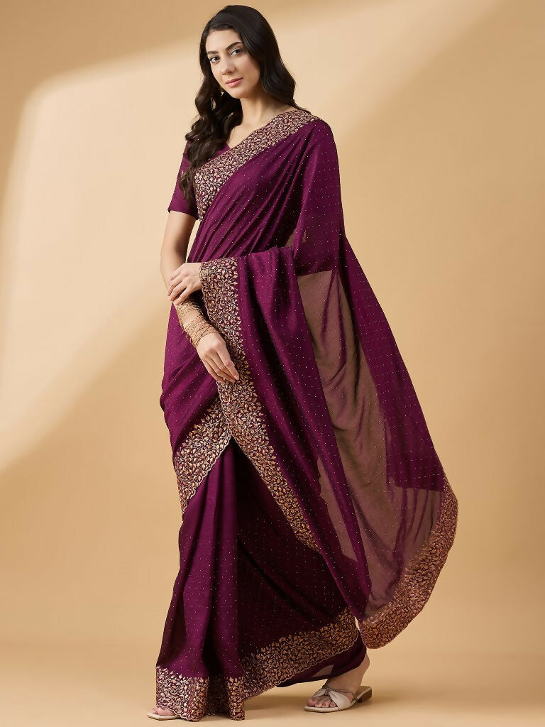 Purple Silk Blend Embroidered Saree with Unstitched Blouse - Vairagi