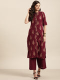 Sangria Women Maroon & Golden Pure Cotton Printed Kurta with Palazzos