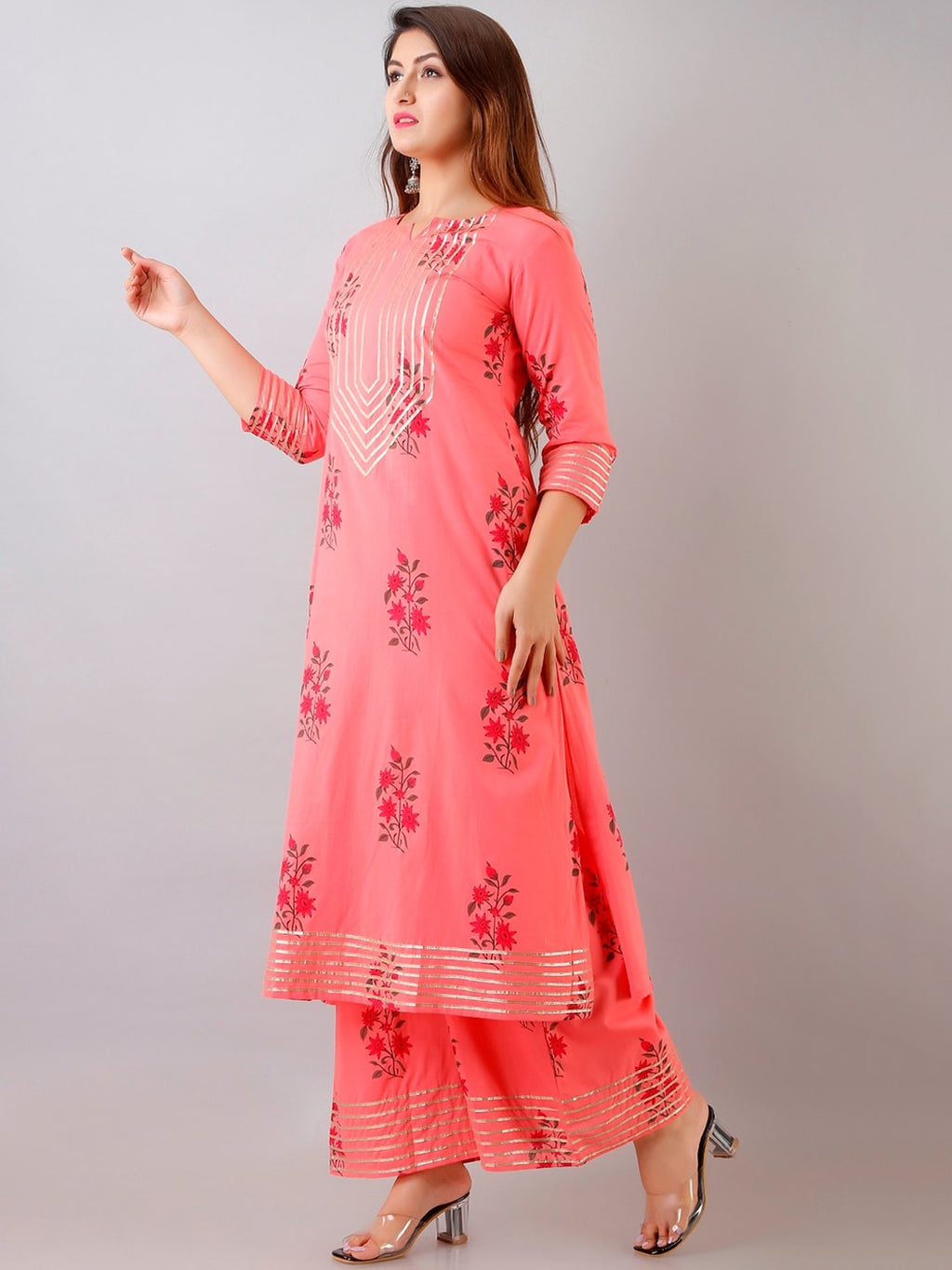 HERE&NOW Floral Printed Gotta Patti Regular Kurta with Palazzos