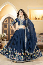 Eilara Prussian Blue Georgette Embroidered Panelled Style Lehenga