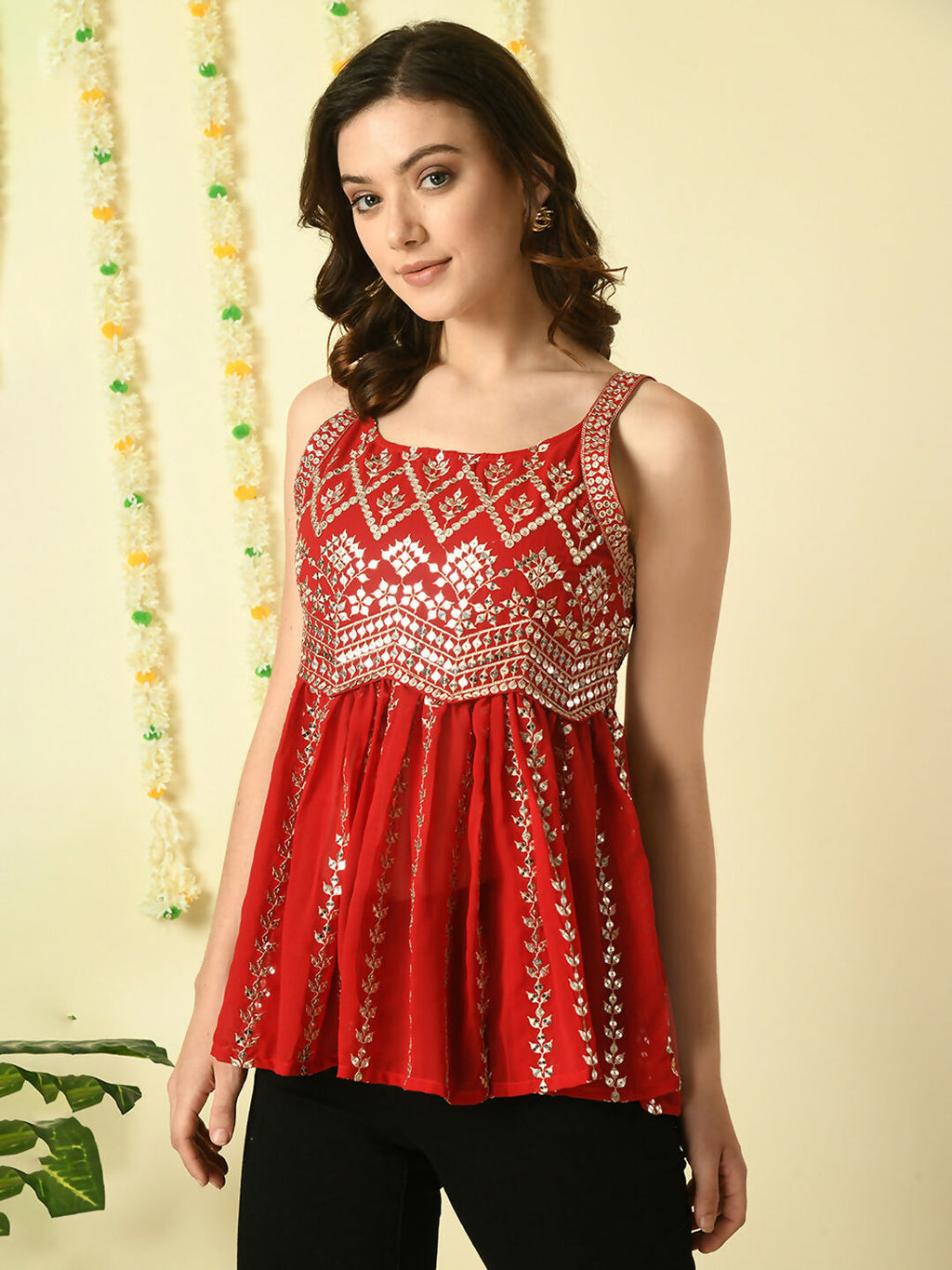 Myshka Women's Red Embroidered Party Fusion Top