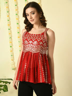 Myshka Women's Red Embroidered Party Fusion Top
