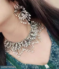 Tehzeeb Creations Women's Silver Colour Oxidised Ganesha Style Necklace Set With White Pearl