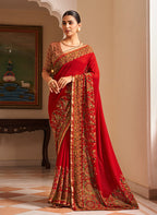 Monjolika Fashion Red Paisley Print Georgette Designer Saree
