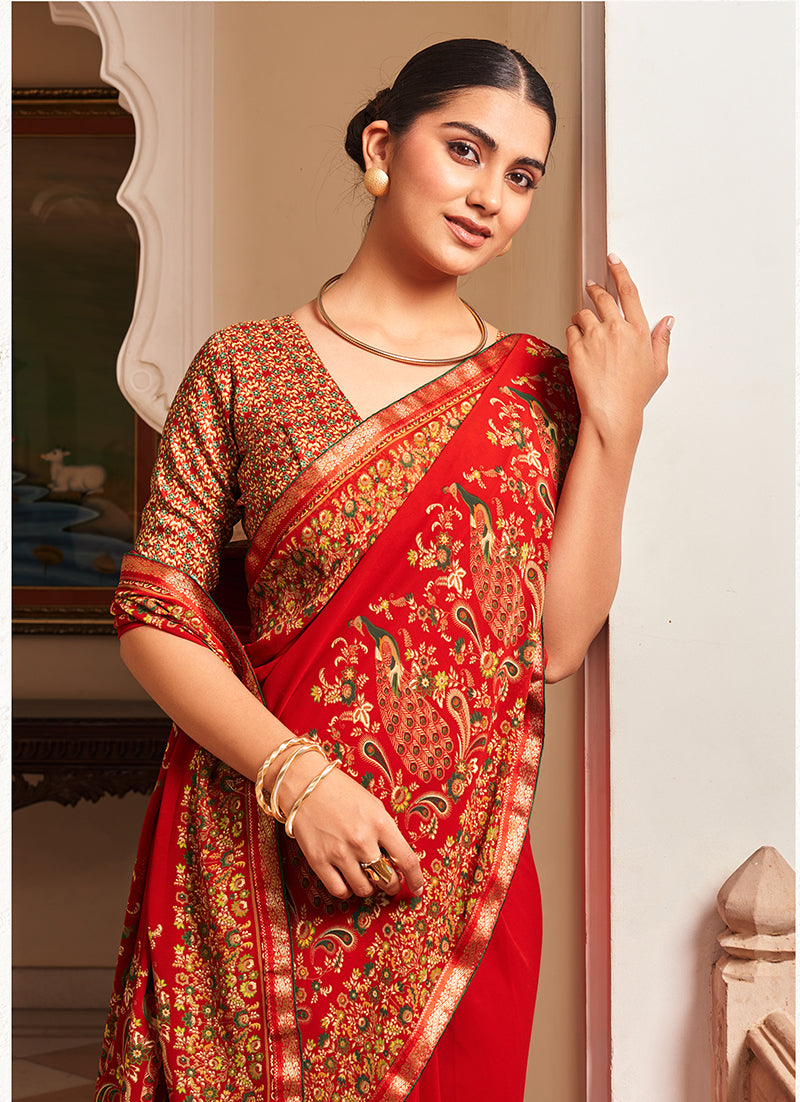 Monjolika Fashion Red Paisley Print Georgette Designer Saree