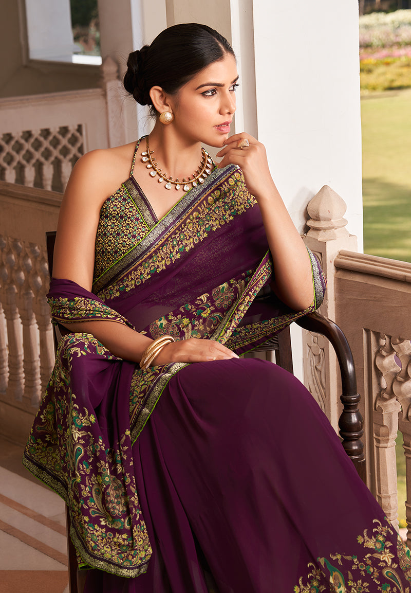Monjolika Fashion Purple Paisley Print Georgette Designer Saree