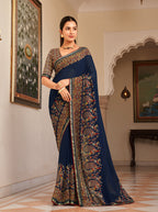 Monjolika Fashion Navy Blue Paisley Print Georgette Designer Saree